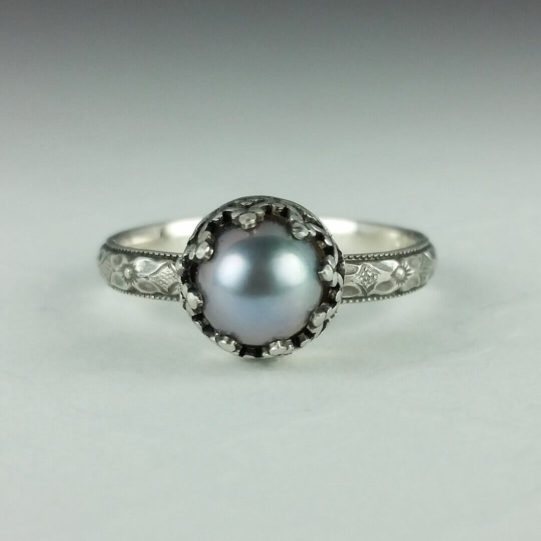 Edwardian style gray pearl engagement ring in sterling silver 