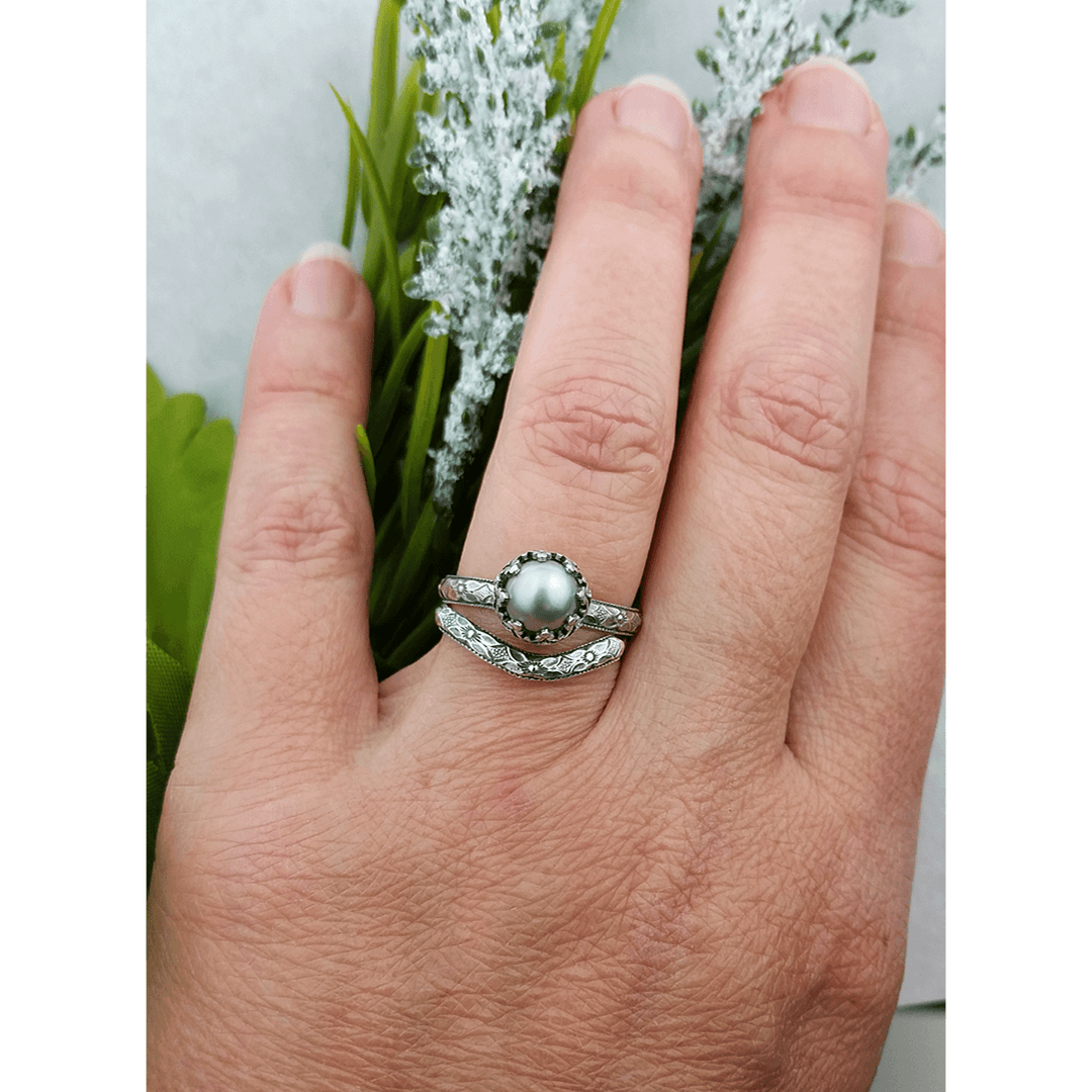 Edwardian Style Gray Pearl Engagement Ring and Curved Wedding Band Set