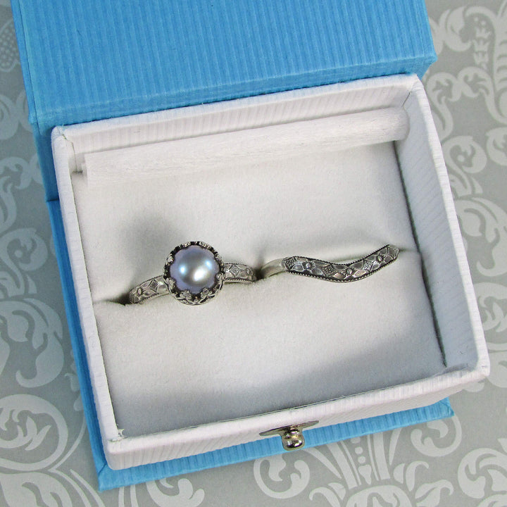 Edwardian Style Gray Pearl Engagement Ring and Curved Wedding Band Set