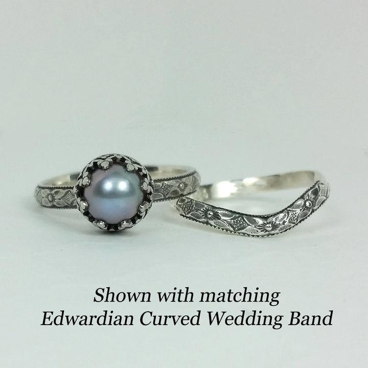 Edwardian gray pearl ring and matching curved wedding band