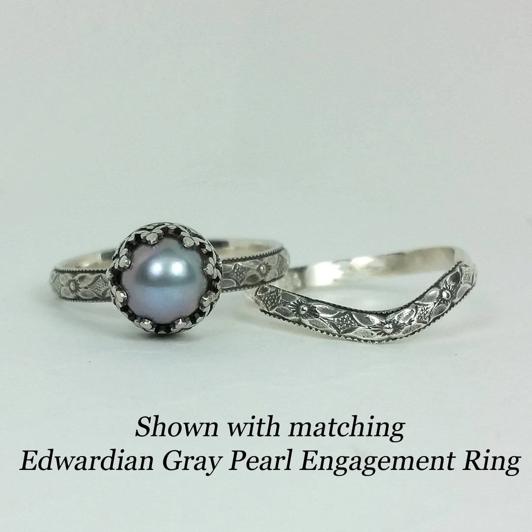 Edwardian style gray pearl engagement ring with matching floral curved wedding band