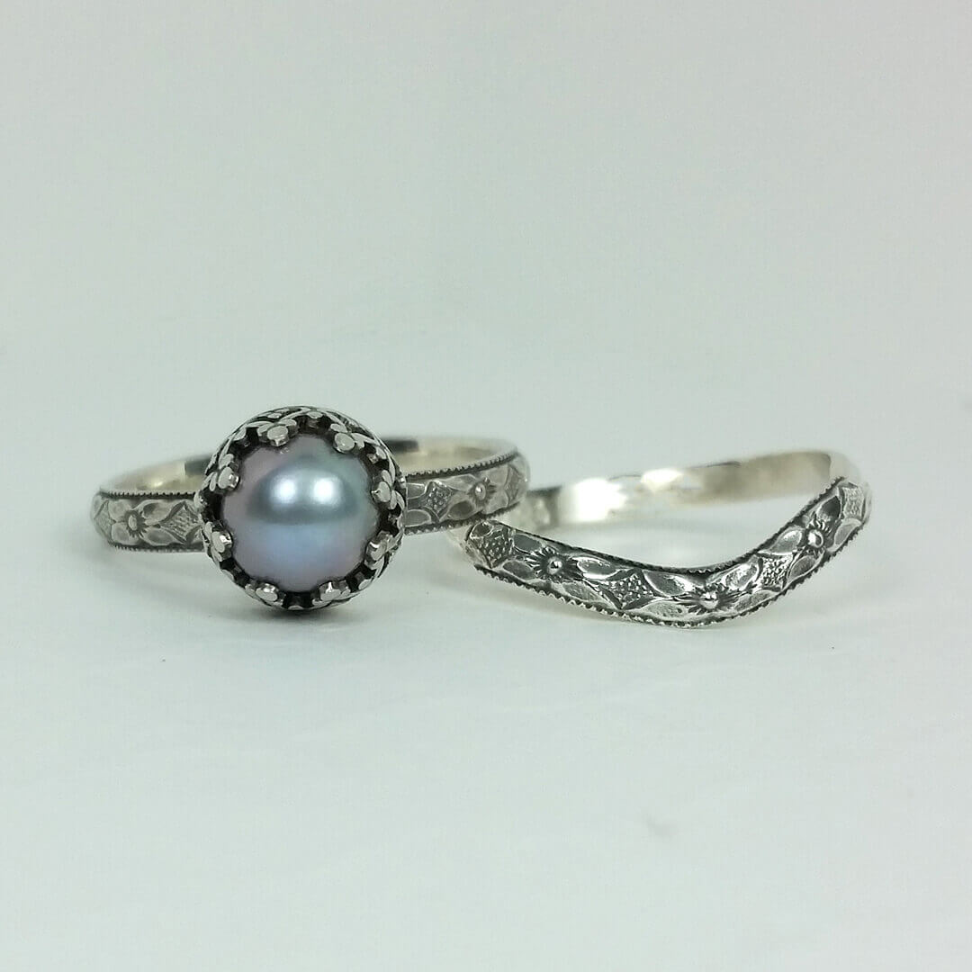 Edwardian Style Gray Pearl Engagement Ring and Curved Wedding Band Set 
