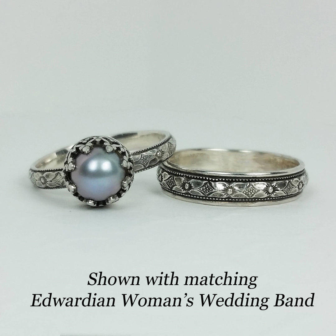 Edwardian inspired gray pearl engagement ring with matching women's wedding band