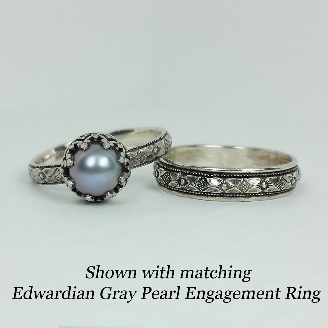 Edwardian Gray Pearl Engagement Ring with matching Wedding Band