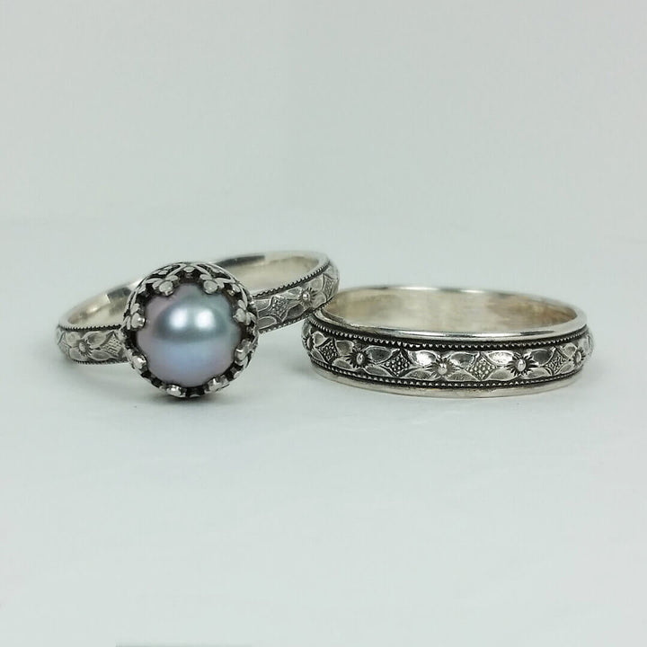 Edwardian style gray pearl engagement ring and wedding band set