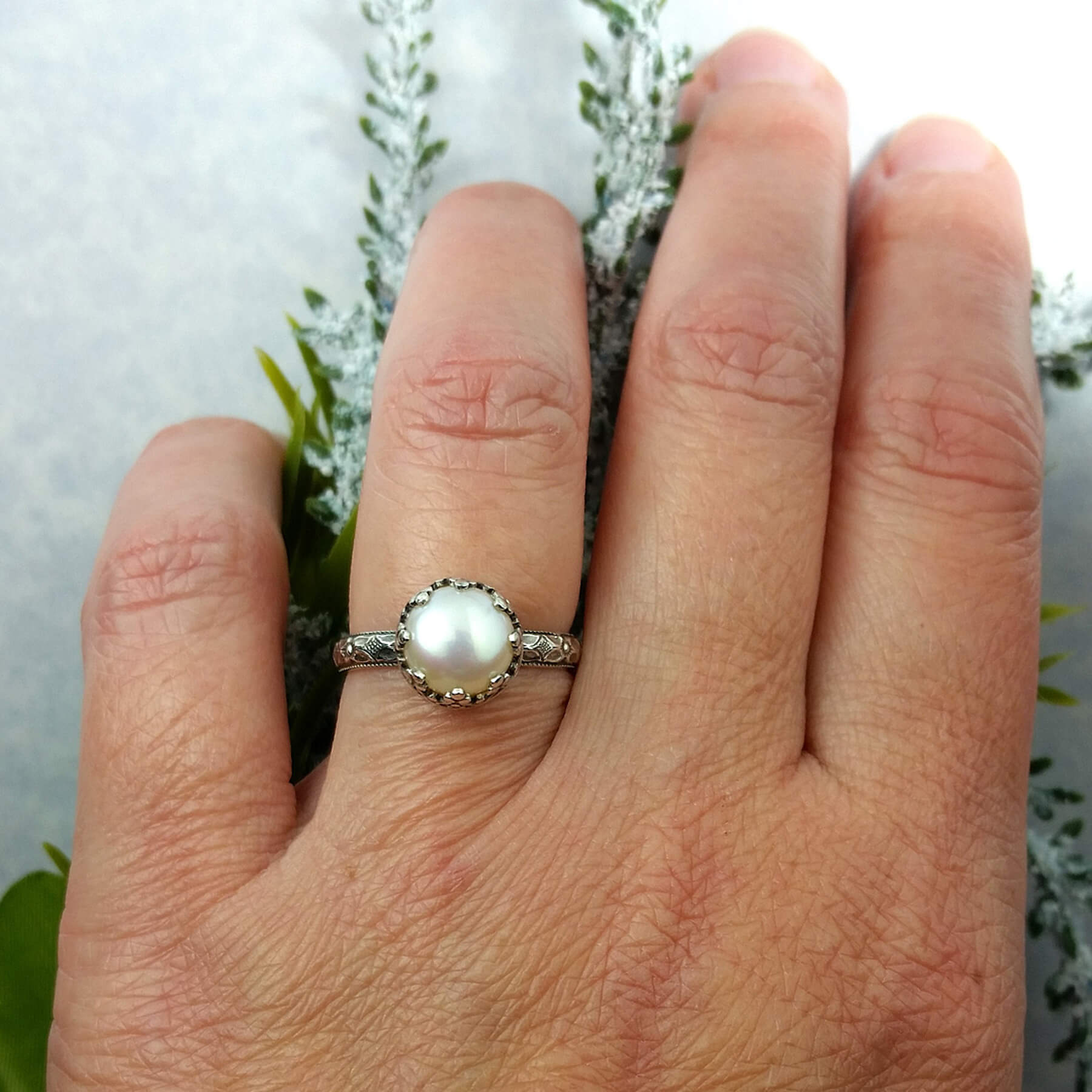 Pearl outlet Ring, Vintage Style Pearl Ring Hand Forged Jewelry Wide Floral Band White