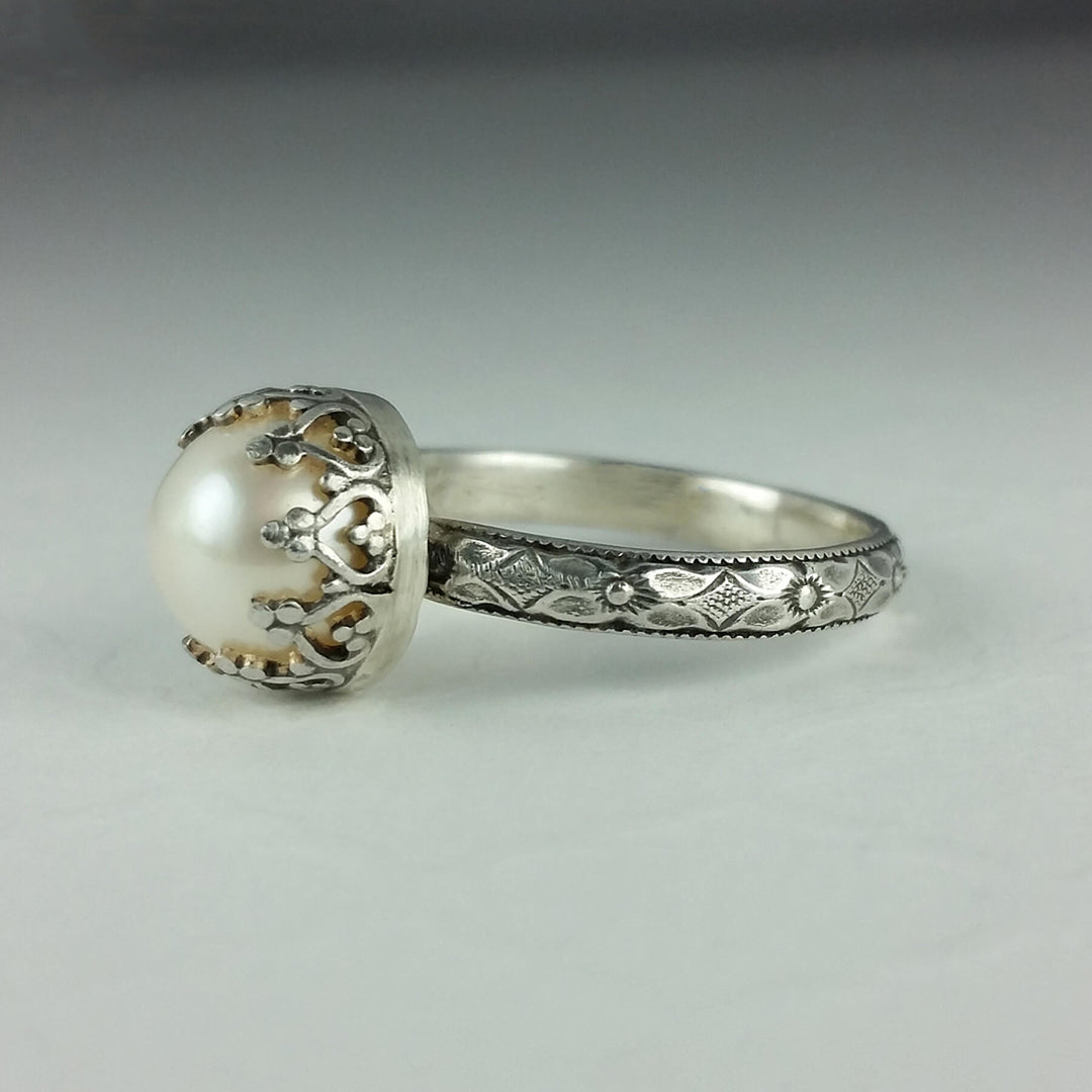 Edwardian style pearl engagement ring in sterling silver