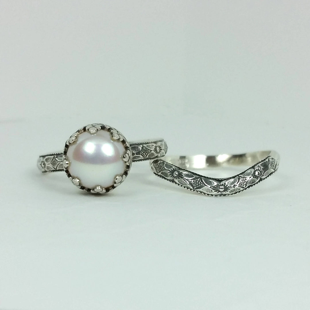 Edwardian Style Pearl Engagement Ring with Curved Wedding Band Set