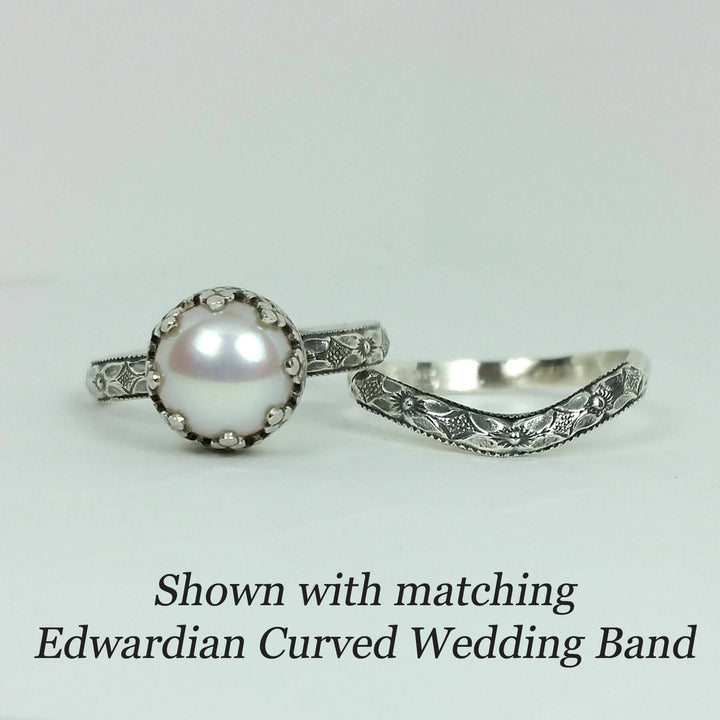 Edwardian inspired vintage style pearl engagement ring and matching curved wedding band