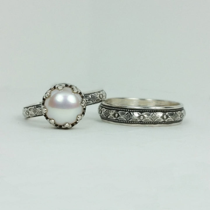 Edwardian Style Pearl Engagement Ring and Floral Wedding Band Set in sterling silver 