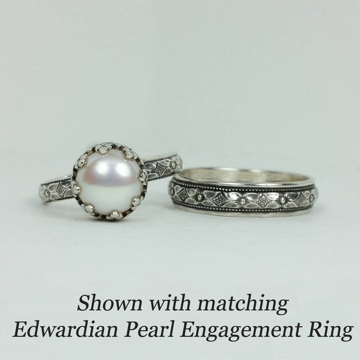 Women's Edwardian inspired wedding band with Edwardian style pearl engagement ring