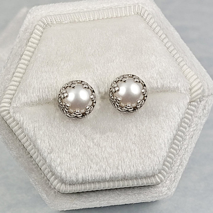 Edwardian inspired vintage style pearl stud earrings in sterling silver