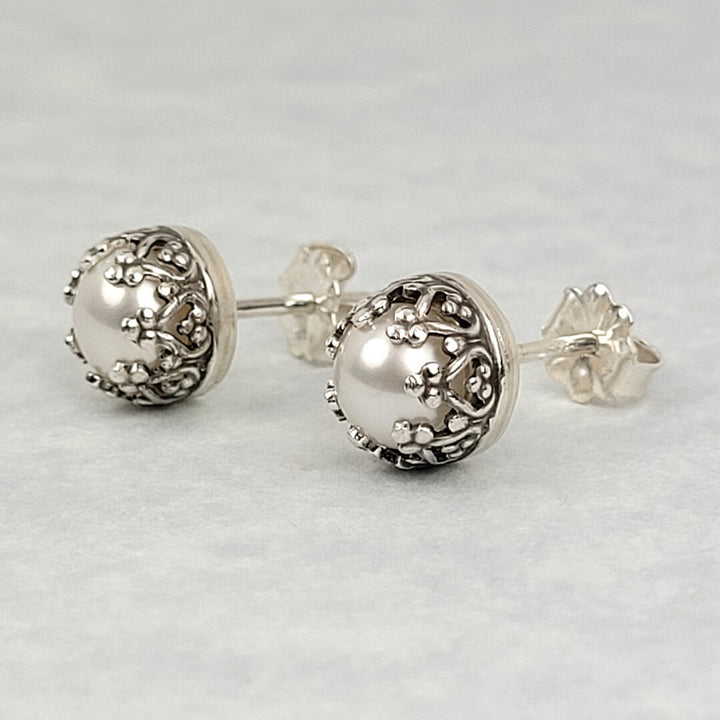 Edwardian pearl stud earrings in sterling silver, antique style