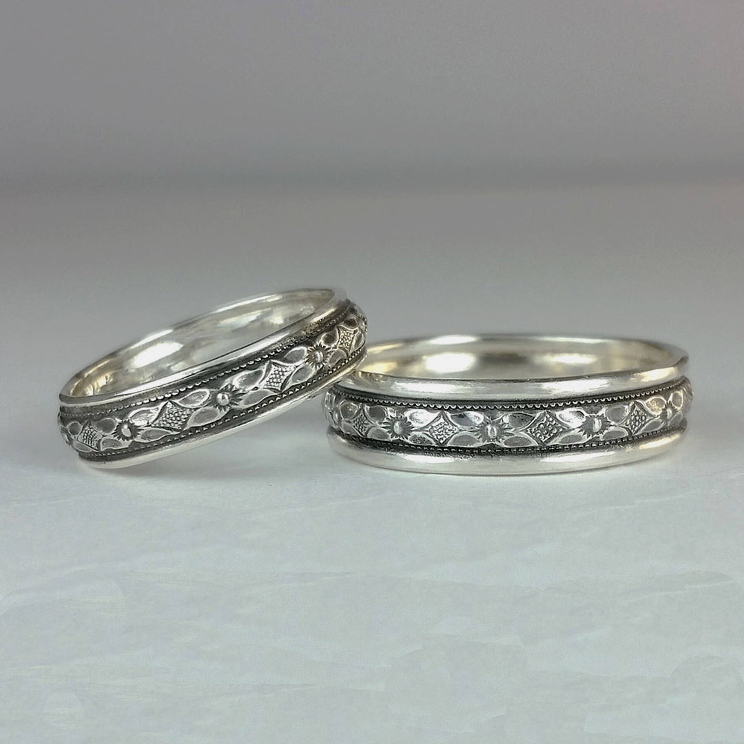 Women's and men's Edwardian inspired vintage style matching wedding bands
