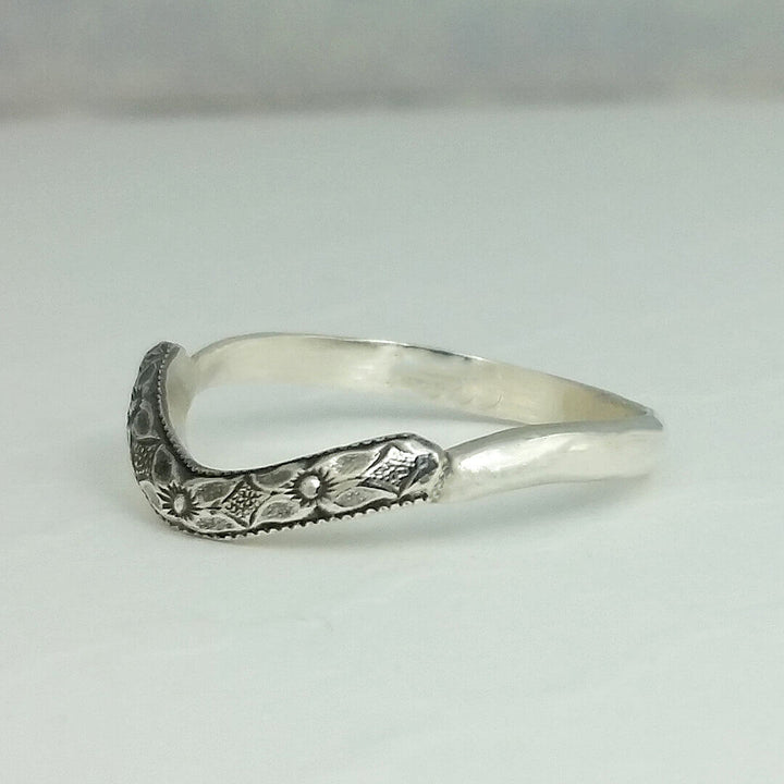 vintage style curved floral wedding band in sterling silver  