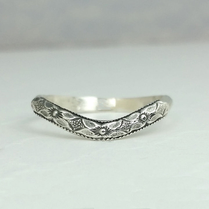 Edwardian Floral Curved Wedding Band in Sterling Silver