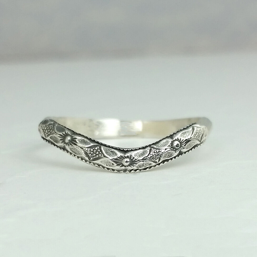 Edwardian style floral curved wedding band in sterling silver