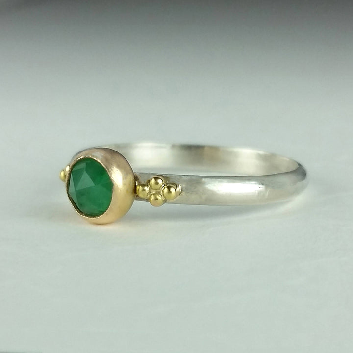 rose cut green emerald ring in sterling silver and 14kt gold
