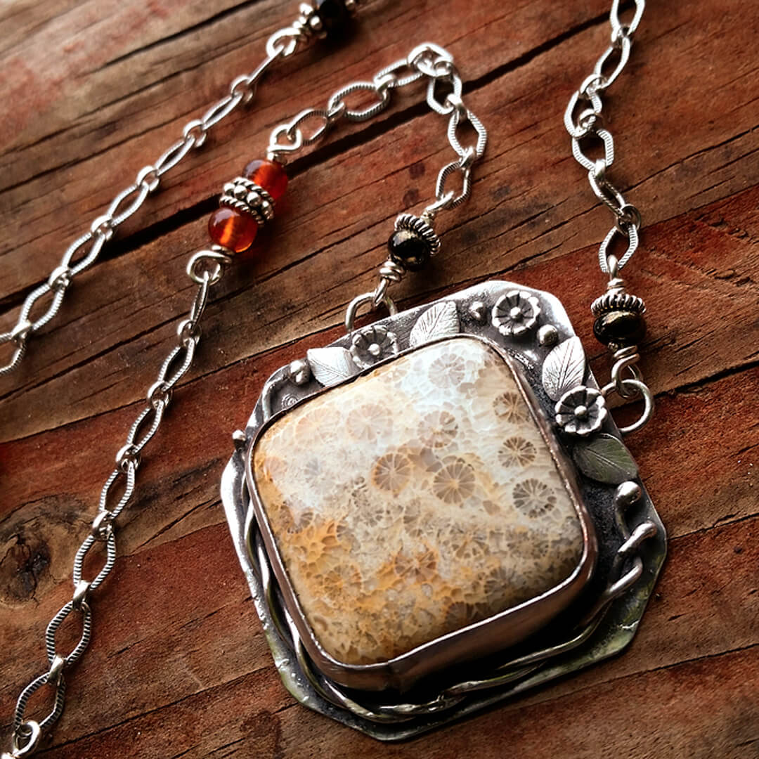 floral fossil coral necklace in sterling silver