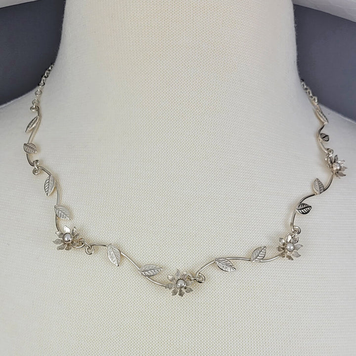 Sterling silver wildflower vine necklace with pearls