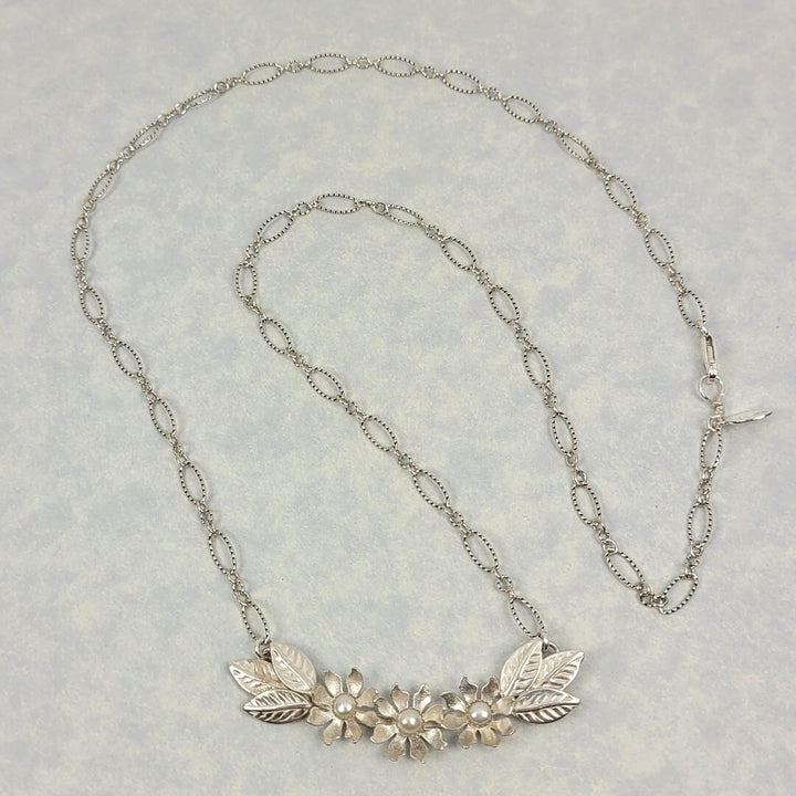 white wildflower necklace with pearls in sterling silver