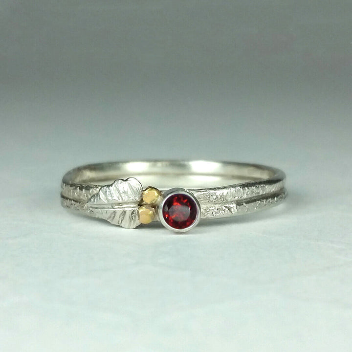 Twig and Leaf Ring with Garnet in Sterling Silver and 14kt Gold 