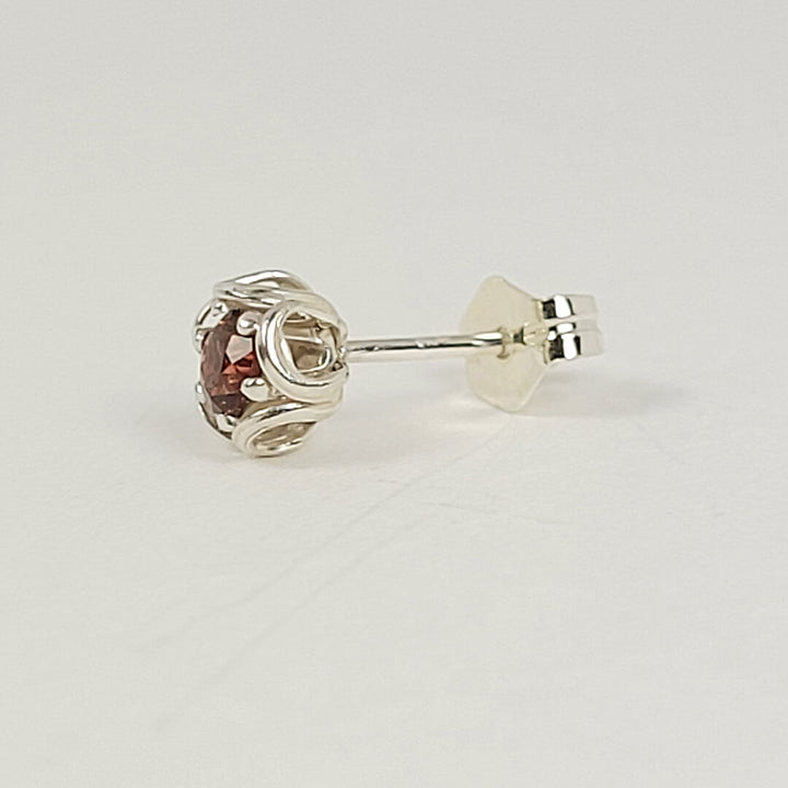 Garnet bud earrings - small stud earrings in sterling silver