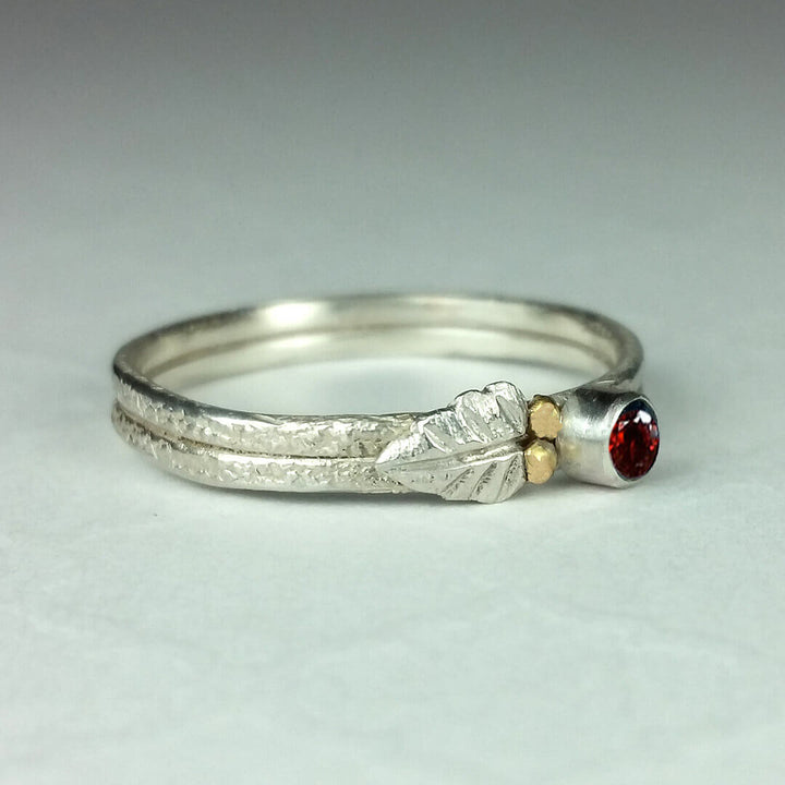 Twig and Leaf Ring with Garnet in Sterling Silver and 14kt Gold 