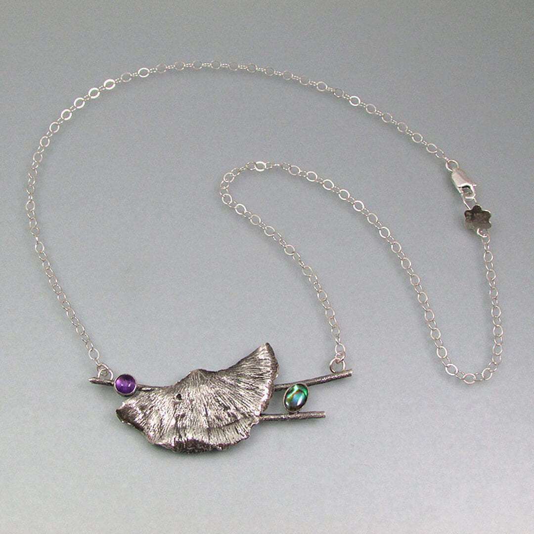 ginkgo leaf and branch necklace in sterling silver