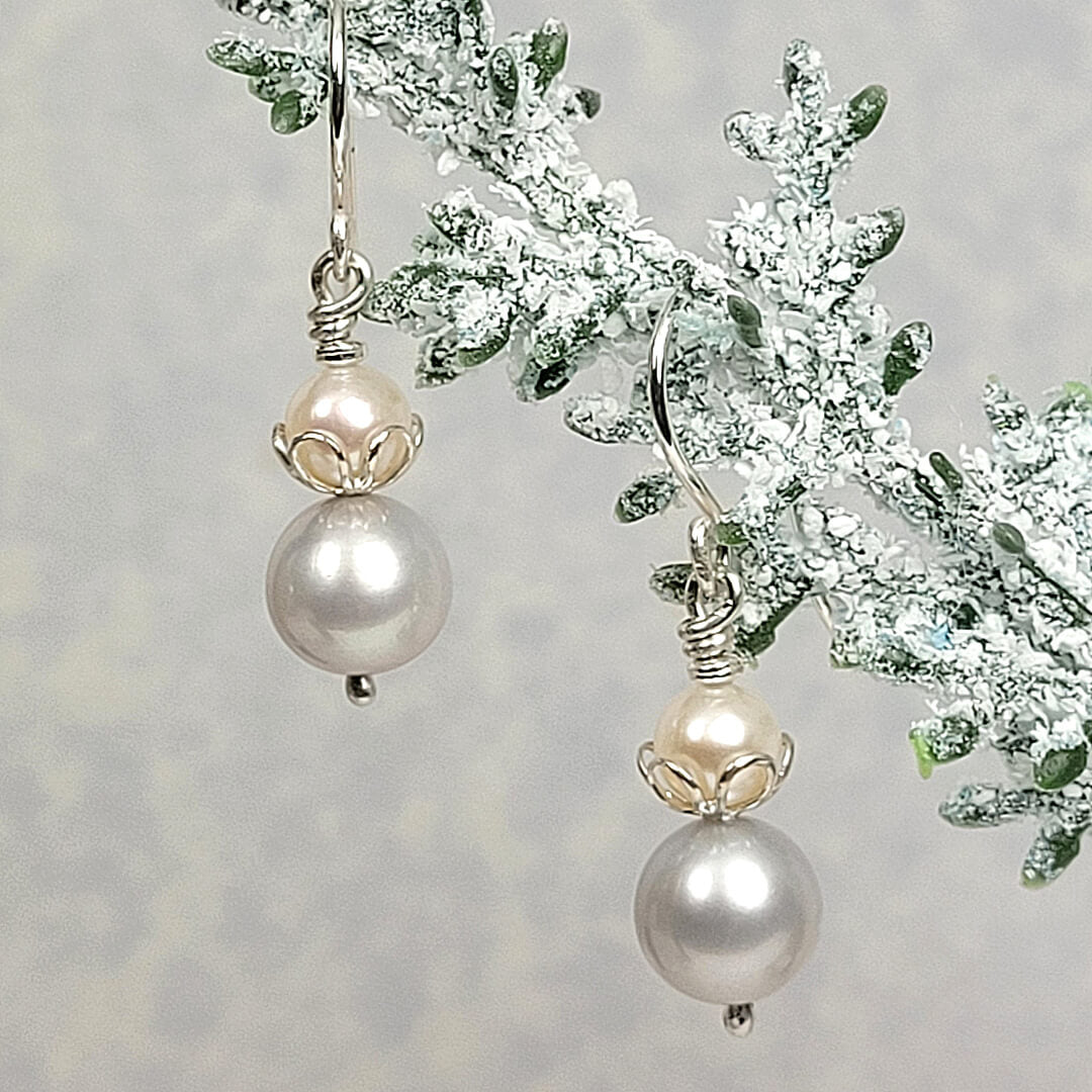 gray and white pearl dangle earrings in sterling silver