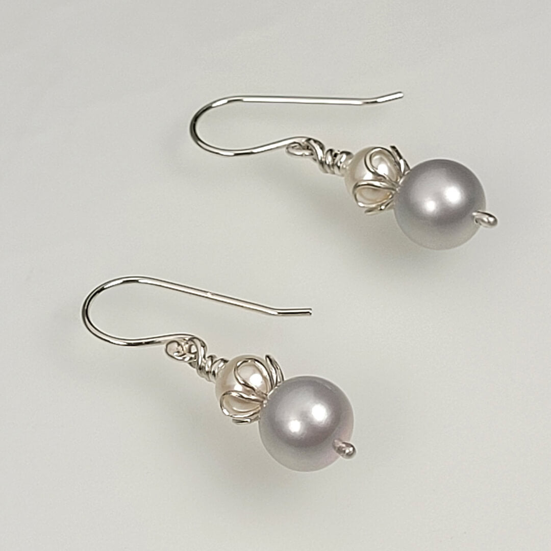 gray and white pearl drop earrings in sterling silver
