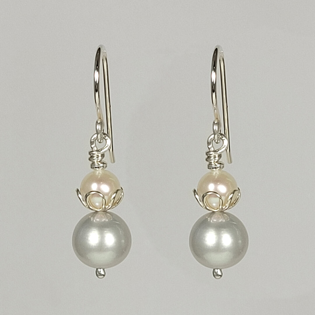 gray and white pearl dangle earrings  in sterling silver