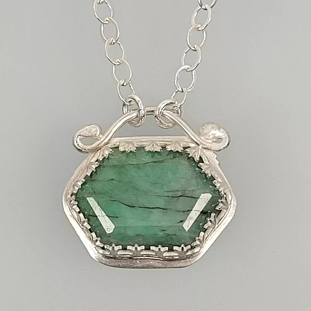 Hexagon Emerald Necklace in Sterling Silver, Vintage Style