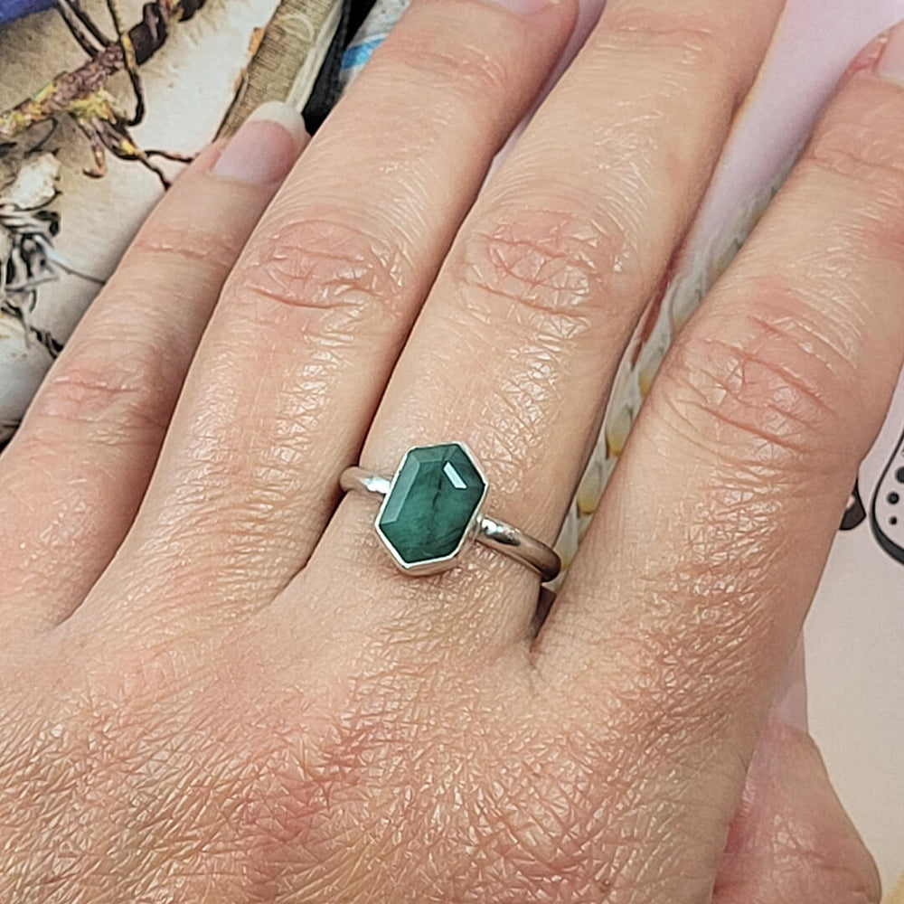 hexagon-shaped emerald ring in sterling silver