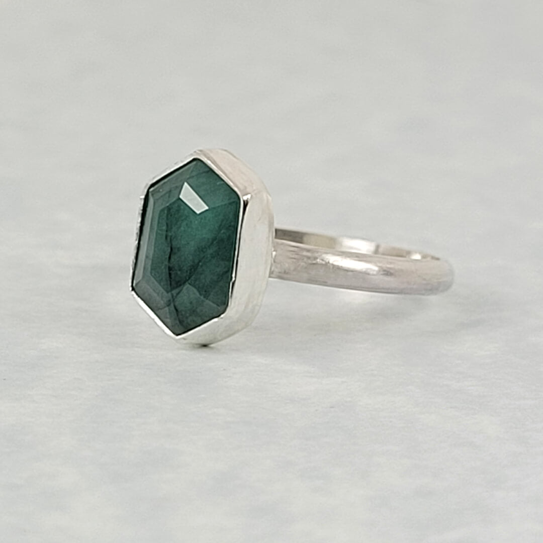 hexagon-shaped emerald ring in sterling silver