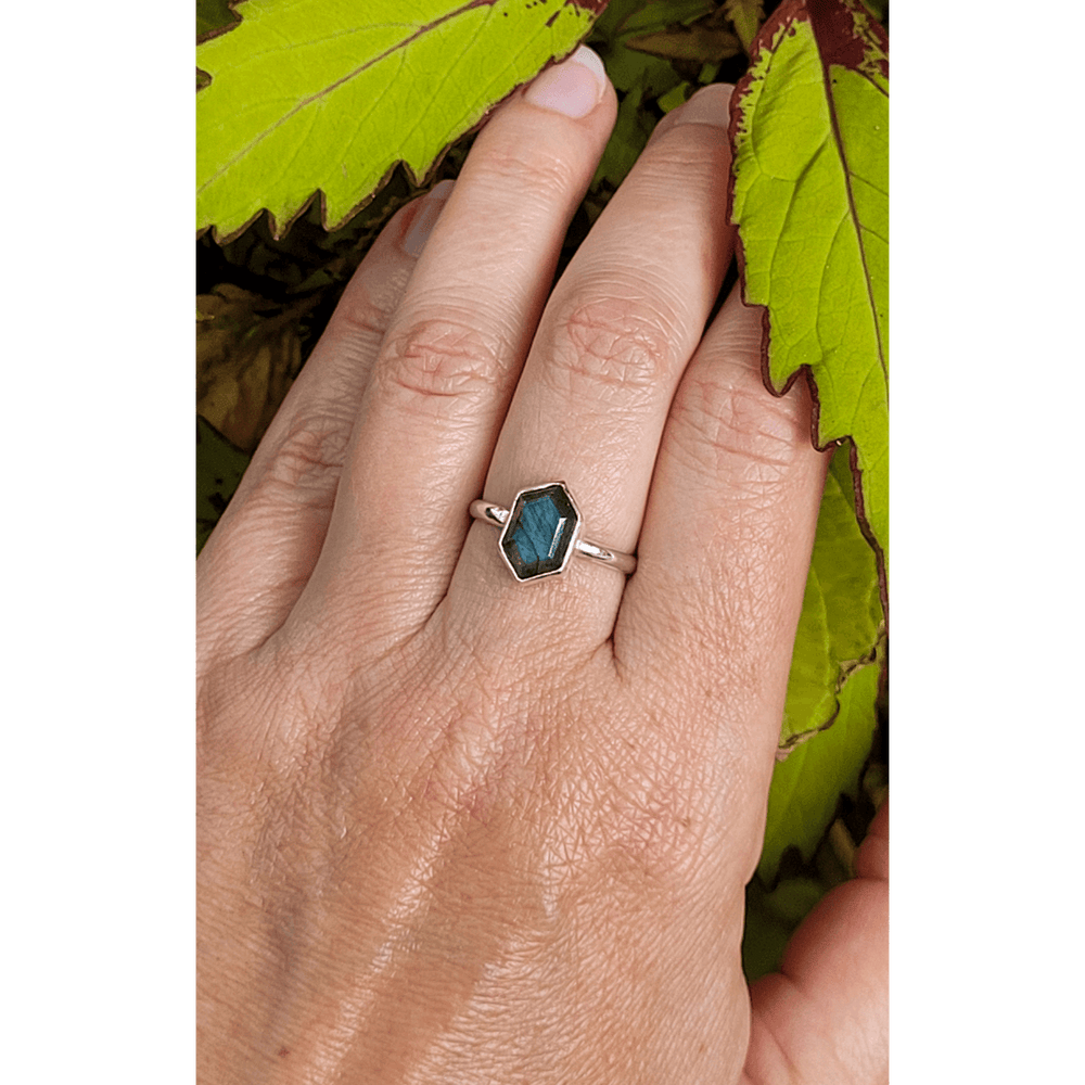 hexagon-shaped labradorite ring in sterling silver