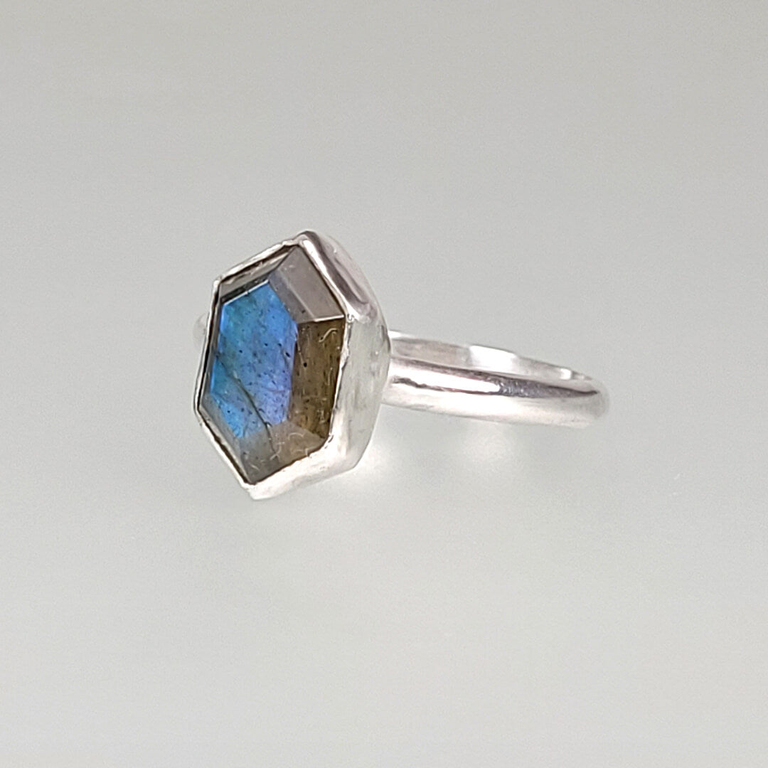 hexagon-shaped labradorite ring in sterling silver