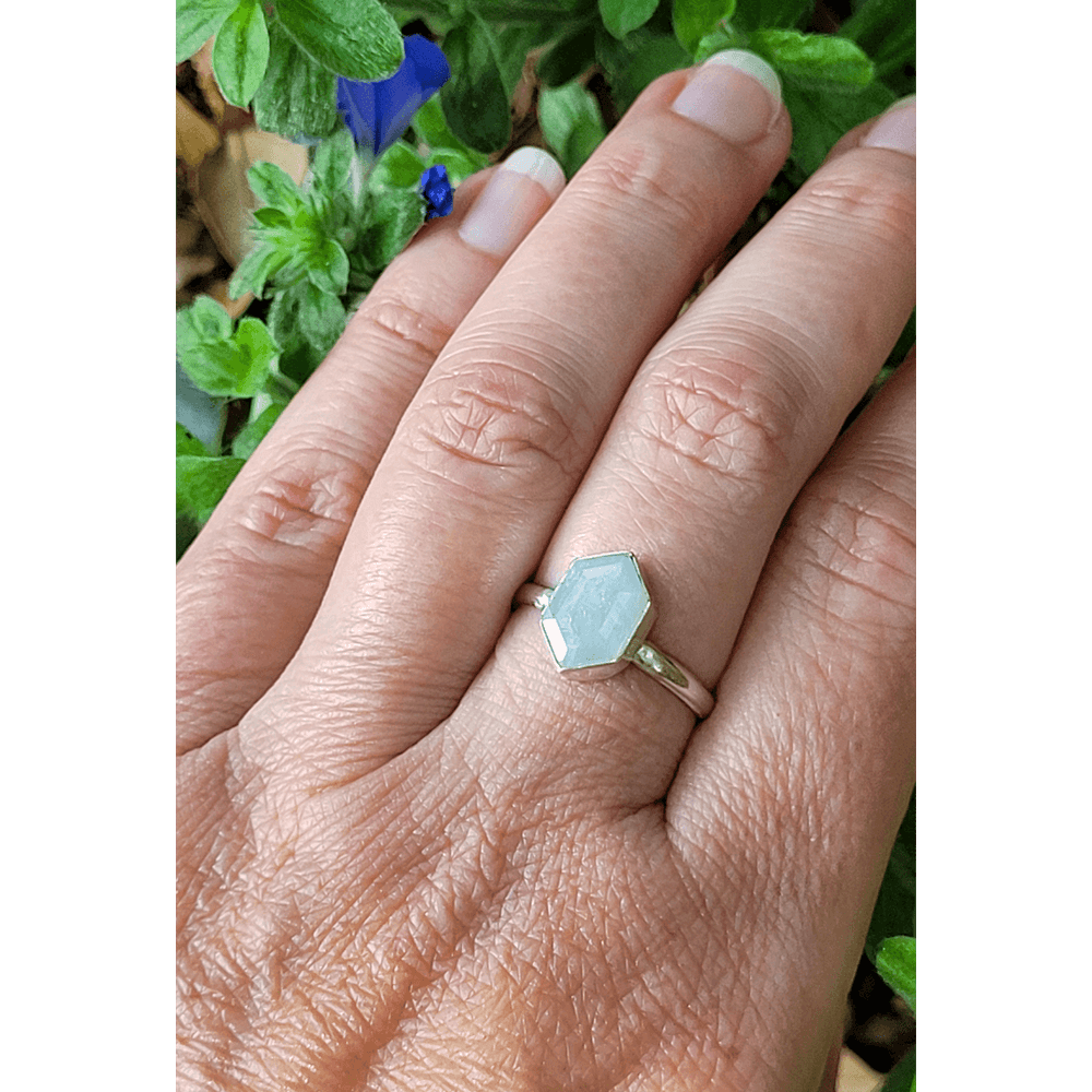 hexagon-shaped rustic white sapphire ring in sterling silver