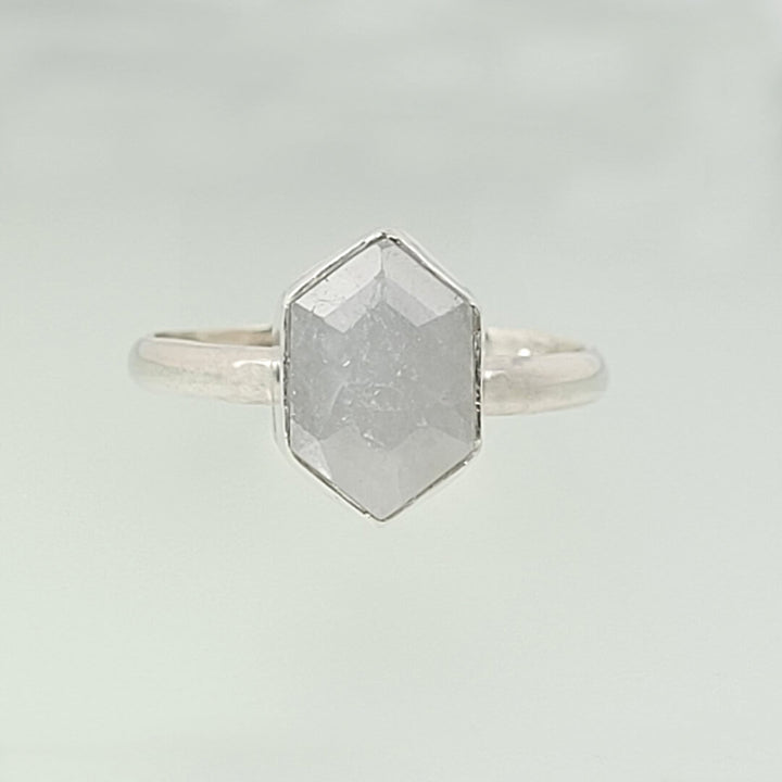 hexagon-shaped rustic white sapphire ring in sterling silver