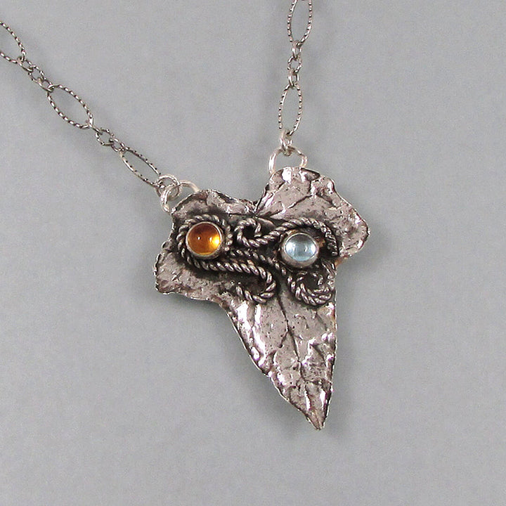 real leaf necklace with blue topaz and citrine in sterling silver