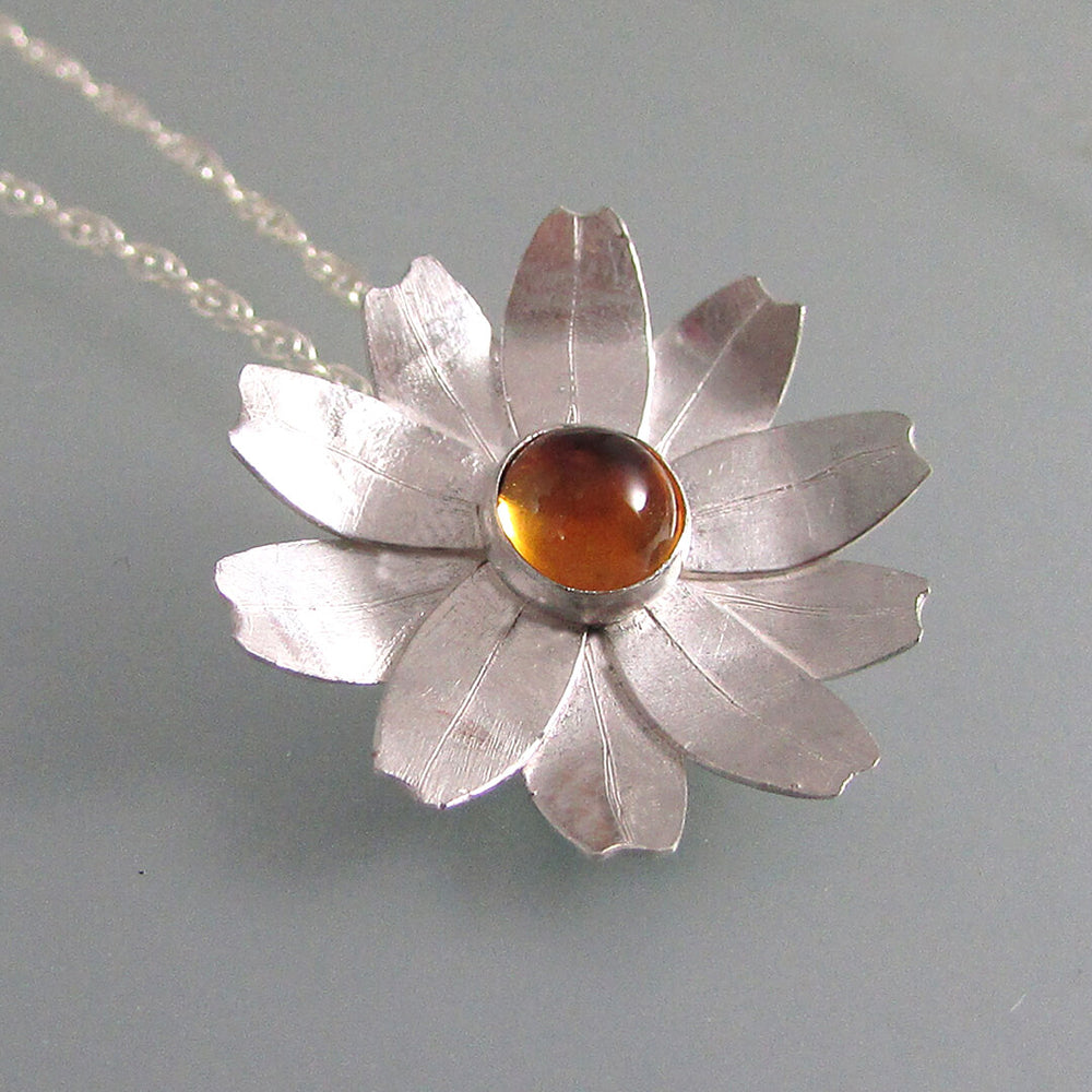 Sterling silver daisy flower necklace with golden citrine