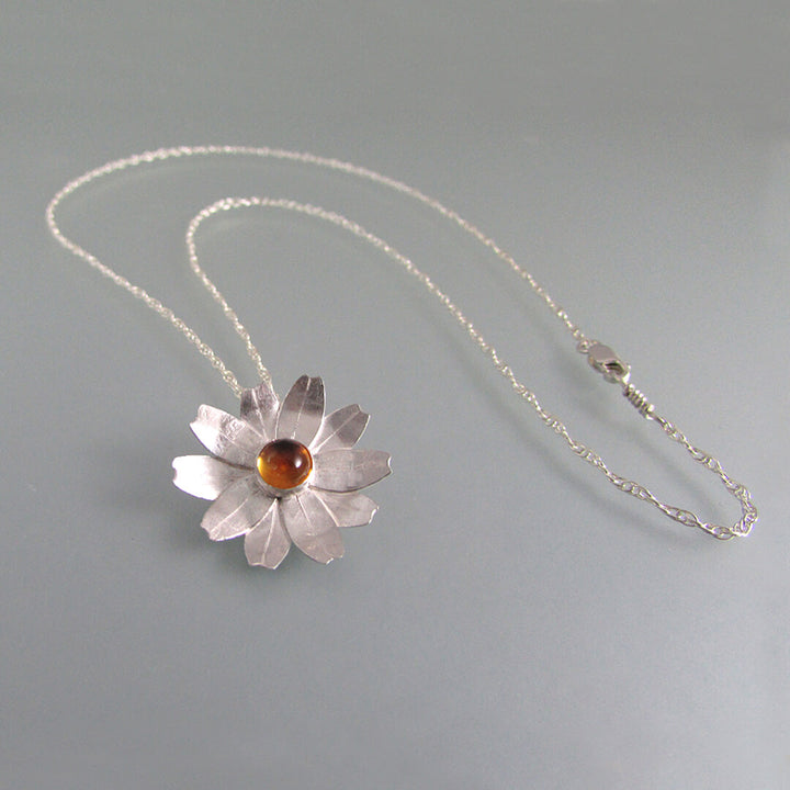 Large sterling silver daisy flower necklace with golden citrine