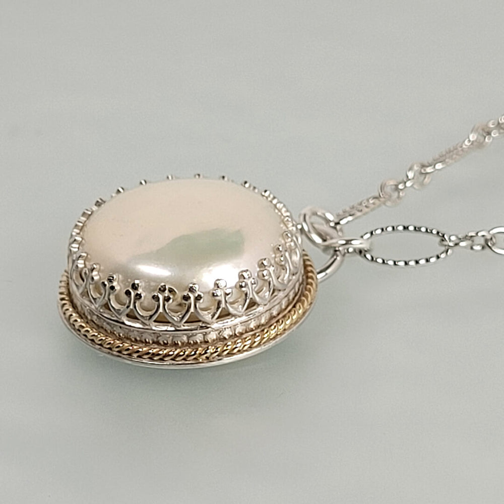 flat large white coin pearl pendant necklace in sterling silver and 14kt gold