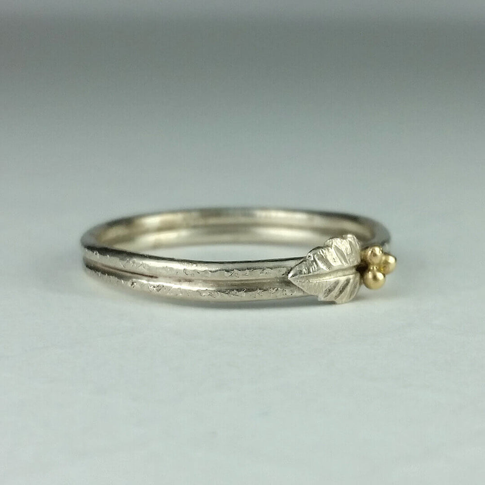 Twig and Leaf Ring with 14kt Gold Berries in Sterling Silver