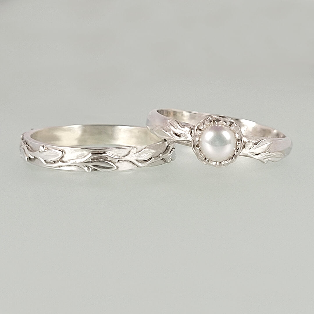 Vine and Leaf Pearl Engagement Ring and Wedding Band Set