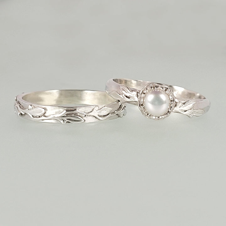 Vine and Leaf Pearl Engagement Ring and Wedding Band Set