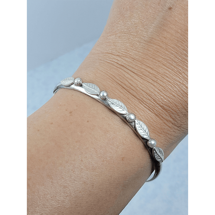 bridal sterling silver cuff bracelet with leaves and pearls