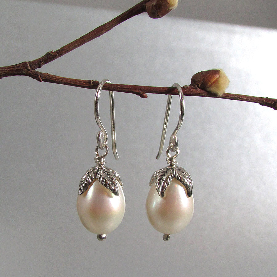 large pearl drop earrings with leaves sterling silver