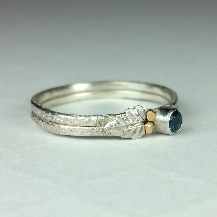 Twig and Leaf Ring with London Blue Topaz in Sterling Silver and 14kt Gold