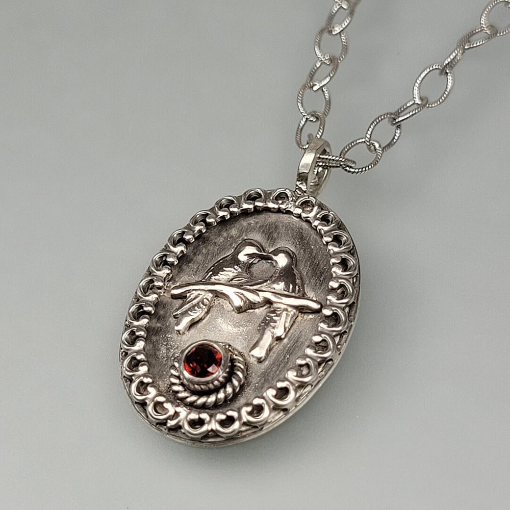 vintage style love birds necklace with garent in sterling silver
